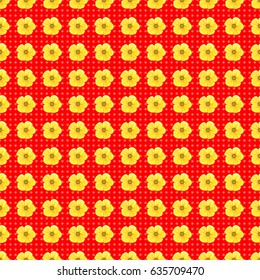 Vector illustration. Seamless background pattern with decorative cosmos flowers and leaves on a red background.