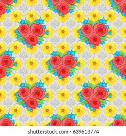 Vector illustration. Seamless background pattern with decorative rose flowers and green leaves on a gray background.