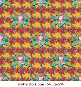 Vector illustration. Seamless background pattern with tropical flowers and leaves in green, blue and red colors.