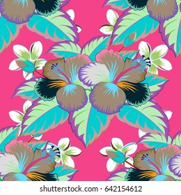Vector illustration. Seamless background pattern with tropical flowers and leaves in green and blue colors.