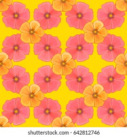 Vector illustration. Seamless background pattern with decorative cosmos flowers and leaves on a yellow background.