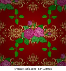Vector illustration. Seamless background pattern with decorative rose flowers and green leaves on a red background.
