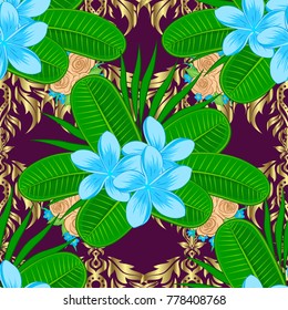 Vector illustration. Seamless background pattern with decorative plumeria flowers and leaves in green, purple and blue colors.