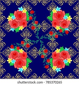 Vector illustration. Seamless background pattern with decorative rose flowers and green leaves in neutral, red and blue colors.