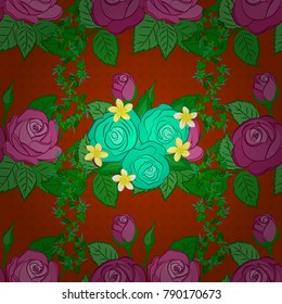 Vector illustration. Seamless background pattern with decorative rose flowers and green leaves in orange and pink colors.
