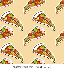 Vector illustration, seamless background of pizza with cheese, tomatoes, mushrooms and pepperoni for stickers, backgrounds, prints on clothes, restaurant, bar, fast food, packaging