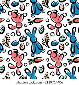 Vector illustration of seamless background of rabbits and eggs and carrots for Easter holiday on white background
