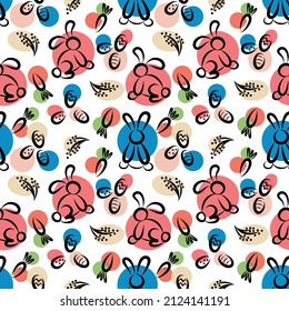Vector illustration of seamless background of rabbits and eggs and carrots for Easter holiday on white background