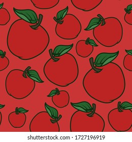 Vector illustration. Seamless background. Ripe fruits. Red apples with green leaves. On a red background.