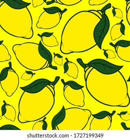 Vector illustration. Seamless background. Ripe fruits. Lemons with green leaves. On a yellow background.