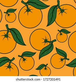 Vector illustration. Seamless background. Ripe fruits. Oranges with green leaves. On an orange background.