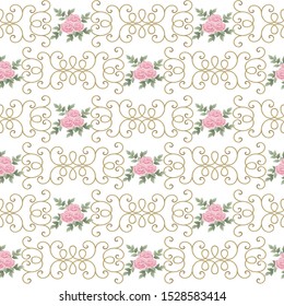 Vector illustration seamless background with roses and gold horizontal arrangement