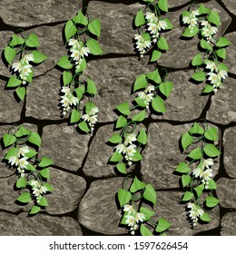 Vector illustration seamless background rough stone wall covered with green vines with white flowers hanging on the wall sprouting through the stones
