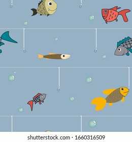 Vector illustration, seamless background, school of fish swimming underwater past hooks