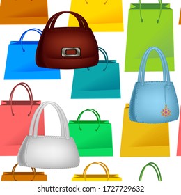 Ilustración de vectores bolsas de compras sin fisuras de fondo y venta de bolsos de mano para mujeres