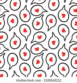 Vector illustration of seamless background of simple speech clouds with red hearts in middle for Saint Valentine Day