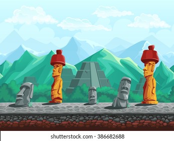 Vector illustration seamless background stone statue, pyramid in emerald mountains. For mobile game user interface, newsletters, brochures, business cards, greeting cards, catalogs, reports, flyers.