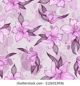 Vector illustration. Seamless background from stylized lilies, a contour pattern. Decorative background with hand drawn lily. Floral background for cards, textiles, invitations and design.