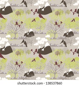 vector illustration seamless background from trees, mountains and birds in spring colors