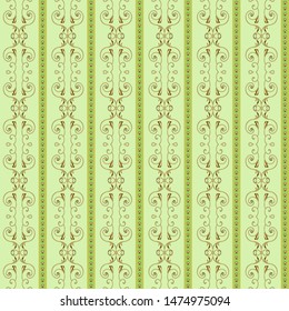Vector illustration seamless Baroque background vintage pattern for walls, print on fabric and paper, gold on green background, striped