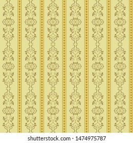 Vector illustration seamless Baroque background vintage pattern for walls, printing on fabric and paper, gold on yellow background, striped vertical