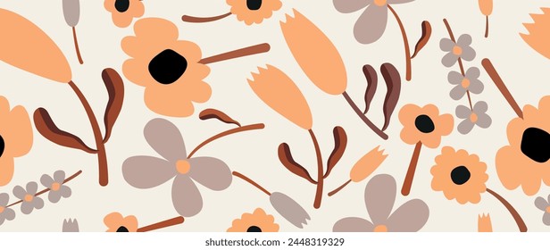 Vector illustration seamless. Beautiful flowers and leaves on a light background. Cute printable template. Ideal as a saber for textile design, cards, screensavers, posters, etc.