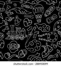 Vector illustration Seamless black and white pattern with hand drawn elements steam-punk and technological details. For printing, posters, web design, textiles.