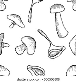 Vector illustration, Seamless black and white background with different mushrooms. Hand drawn contour lines and strokes. Graphic vector illustration