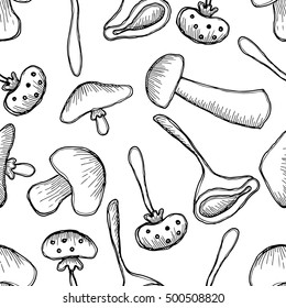 Vector illustration, Seamless black and white background with different mushrooms. Hand drawn contour lines and strokes. Graphic vector illustration