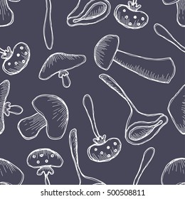 Vector illustration, Seamless blue background with different mushrooms. Hand drawn contour lines and strokes. Graphic vector illustration