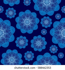 Vector illustration seamless blue background with abstract flowers for print on textile or paper