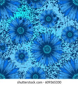 Vector illustration seamless blue background with abstract flowers for print on textile or paper