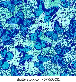 Vector illustration seamless blue grunge background with abstract butterfly for print on textile or paper