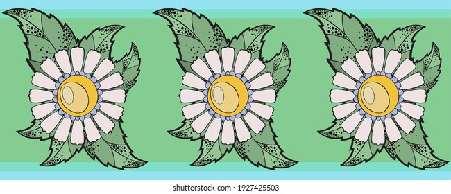 Vector illustration, seamless border with daisies on a green background
