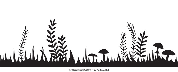 
vector illustration, seamless border, fairy forest frame. black and white drawing grass, bushes, mushrooms. fabulous, magical forest, design for halloween.