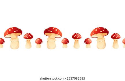 Vector illustration seamless border of fly agarics on white background, mushrooms are red with white spots. Border frame of fly agarics with empty space for text. Fairytale mushrooms.