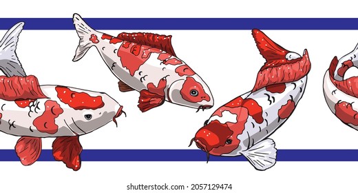 Vector illustration. Seamless border whith the image of koi carps. Illustration in red and blue coiors.