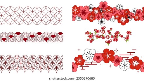 Vector illustration seamless borders of Korean  chinese traditional elements pattern. Graphic set on transparent background
