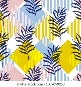 Vector illustration, seamless botanical silhouette pattern on a modern colorful geometrical background