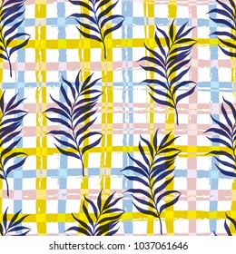 Vector illustration, seamless botanical silhouette pattern on a modern colorful geometrical paint background
