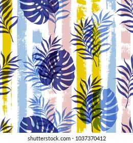Vector illustration, seamless botanical silhouette pattern on a modern colorful geometrical background