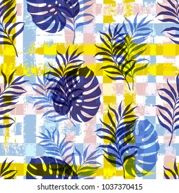 Vector illustration, seamless botanical silhouette pattern on a modern colorful geometrical paint background