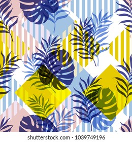 Vector illustration, seamless botanical silhouette pattern on a modern colorful geometrical background