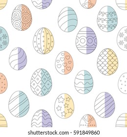 Vector illustration: seamless bright background with half colored hand drawn egg icons with grey stroke with different  ornaments  for Easter holidays design isolated on white backdrop.