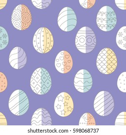 Vector illustration: seamless bright background with half colored hand drawn egg icons with grey stroke with different  ornaments  for Easter holidays design isolated on violet backdrop.