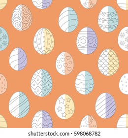 Vector illustration: seamless bright background with half colored hand drawn egg icons with grey stroke with different  ornaments  for Easter holidays design isolated on orange backdrop.