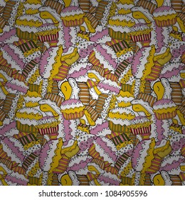 Vector illustration. Seamless bright birthday pattern on white, yellow, pink, black and neutral. Wrapping paper. Cake, cap, cone.