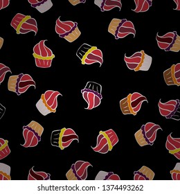 Vector illustration. Seamless bright birthday pattern on black, orange and white. Cake, cap, cone. Wrapping paper.