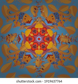 Vektorgrafik. Nahtlose, helle tropische Hintergrund mit Dschungelpflanzen. Die Blätter sind vielfältig auf Gelb, Orange und Blau. Exotisches Muster mit Palmblättern.