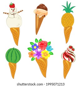 Vector illustration, seamless bright unusual summer pattern with various stylized cartoon objects in waffle cones: two types of ice cream, ice cream snowman, flowers, watermelon, pineapple